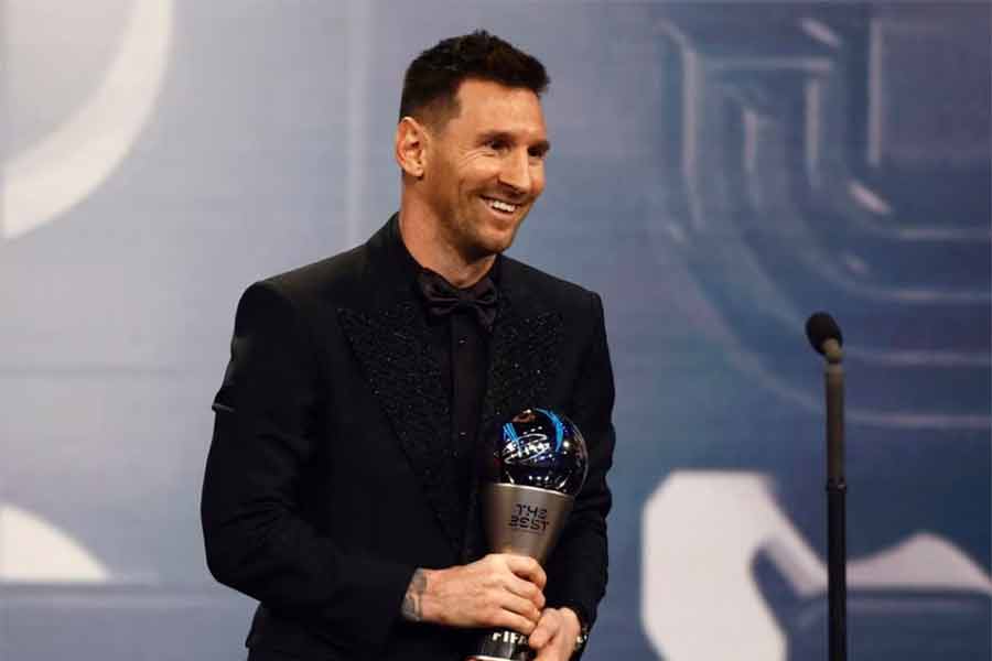 Lionel Messi with the Best FIFA Player trophy in Paris on February 27, 2023 --Reuters file photo