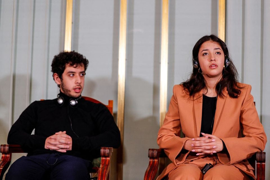 The son and daughter of this year's Nobel Peace Prize winner Ali and Kiana Rahmani attend a press conference at the Nobel Institute in Oslo, Norway, December 9, 2023. Peace Prize winner Narges Mohammadi is imprisoned and is therefore represented by his immediate family. Mohammadi receives the peace prize for his fight against the oppression of women in Iran and the fight for human rights and freedom for all. The prize is awarded during a ceremony in Oslo City Hall.