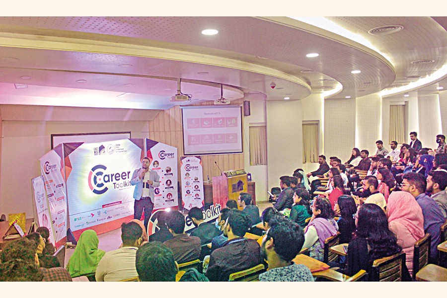 Md Nowrose Farhan Chowdhury Ninad speaking to the students on interview grooming at 'Career ToolKit' in East West University recently
