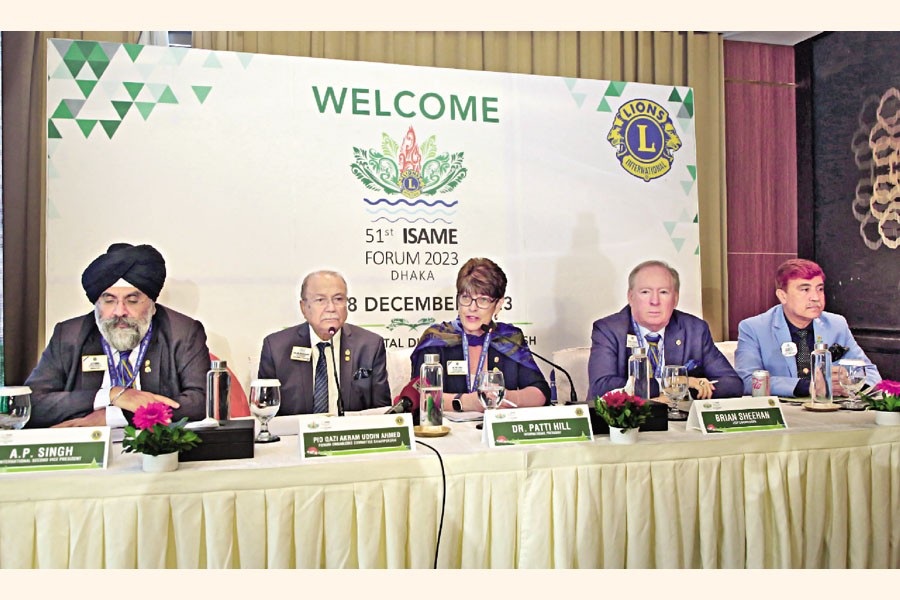 Lions International President Dr Patti Hill (Middle) speaking at the inauguration of four-day ISAME Forum of Lions International at a city hotel on Friday — — FE photo