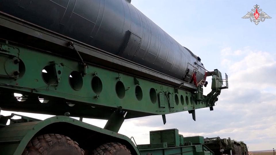 An intercontinental ballistic missile equipped with the nuclear-capable "Avangard" hypersonic glide vehicle is lifted to its launch silo in Orenburg region, Russia, in this image taken from a video released on November 16, 2023. Russian Defence Ministry/Handout via REUTERS/File Photo