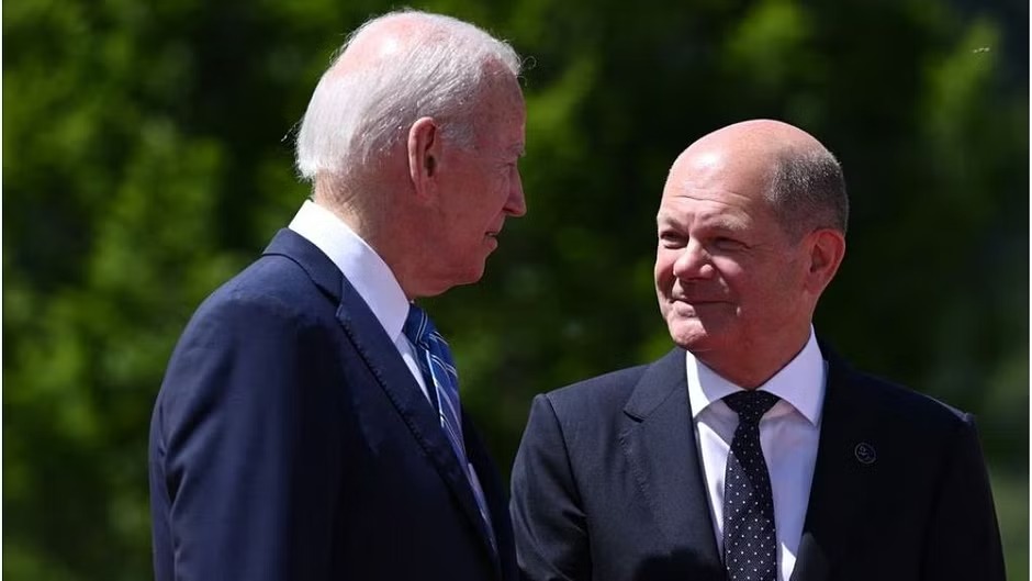 US President Joe Biden is welcomed by Germany's Chancellor Olaf Scholz as he arrives for the start of the G7 Summit at Elmau Castle, near Garmisch-Partenkirchen, Germany, Jun 26, 2022.