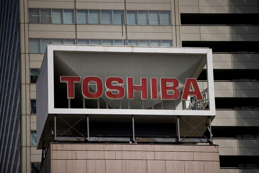 The logo of Toshiba Corporation is displayed at the company’s building in Tokyo, Japan, April 5, 2023.