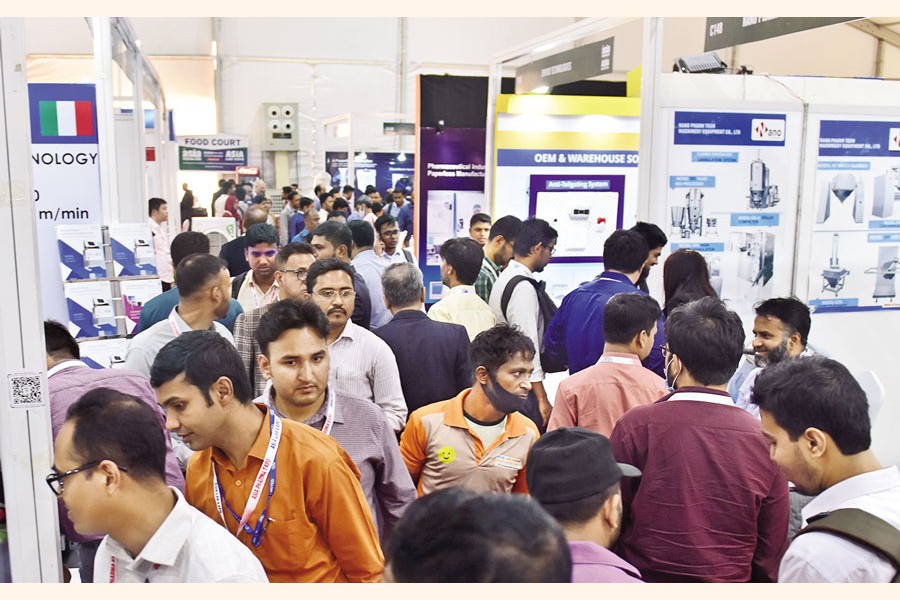 Visitors seen at the 14th Asia Pharma Expo and Asia Lab Expo at the International Convention City Bashundhara in Dhaka on Thursday, the first day of the three-day event.