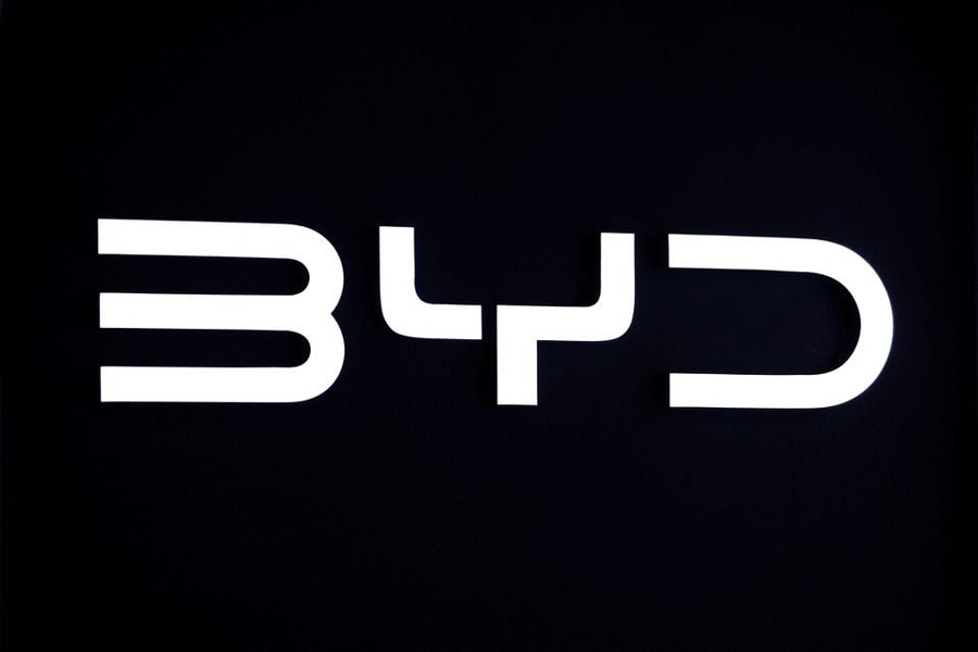 A view of the logo of BYD at the Japan Mobility Show 2023 at Tokyo Big Sight in Tokyo, Japan October 25, 2023.