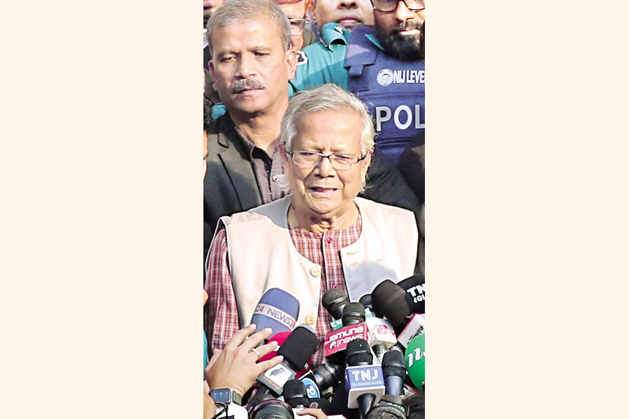 Professor Muhammad Yunus speaks to journalists after the court verdict in Dhaka on Monday — FE Photo