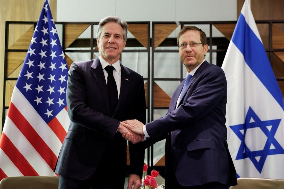 US Secretary of State Antony Blinken meets Israel's President Isaac Herzog, during his week-long trip aimed at calming tensions across the Middle East, at David Kempinski Hotel, in Tel Aviv, Israel on January 9, 2024 — Reuters