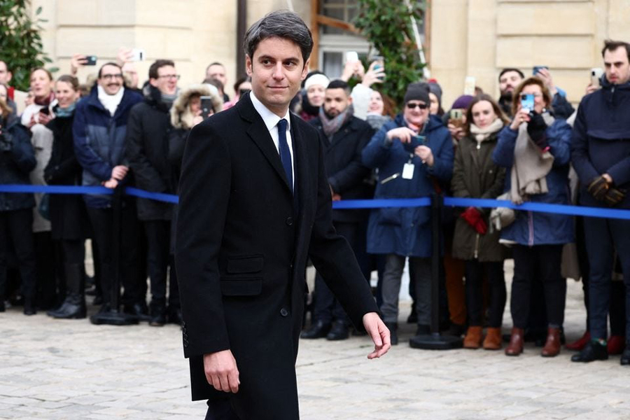 Newly-appointed French Prime Minister Gabriel Attal arrives to attend a handover ceremony with outgoing French Prime Minister Elisabeth Borne (not seen) at the Hotel Matignon, French Prime ministers’ official residence, in Paris, France, January 9, 2024.