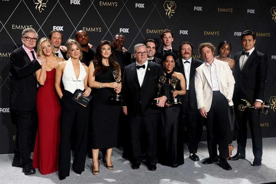 Jeremy Allen White, Ayo Edebiri, Ebon Moss-Bachrach and cast members of ‘The Bear’ posing together with awards, at the 75th Primetime Emmy Awards in Los Angeles of California in US on Monday –Reuters photo