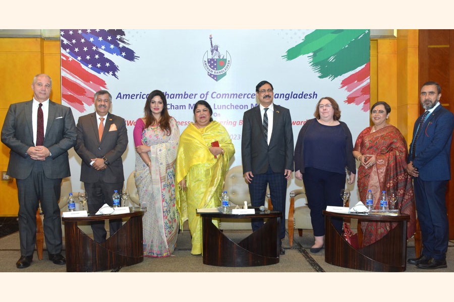 Jatiya Sangsad (JS) Speaker Dr Shirin Sharmin Chaudhury at the monthly luncheon meeting, titled 'Women in Business: Empowering Bangladesh Forward', of the American Chamber of Commerce in Bangladesh (AmCham) at the Westin Hotel, Dhaka on Monday. Helen LaFave, deputy chief of mission of the US Embassy Dhaka, and Syed Ershad Ahmed, president of AmCham, among others, were present.