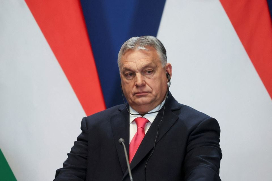 Hungarian Prime Minister Viktor Orban looks on at a joint press conference with Slovak Prime Minister Robert Fico in Budapest, Hungary, January 16, 2024.