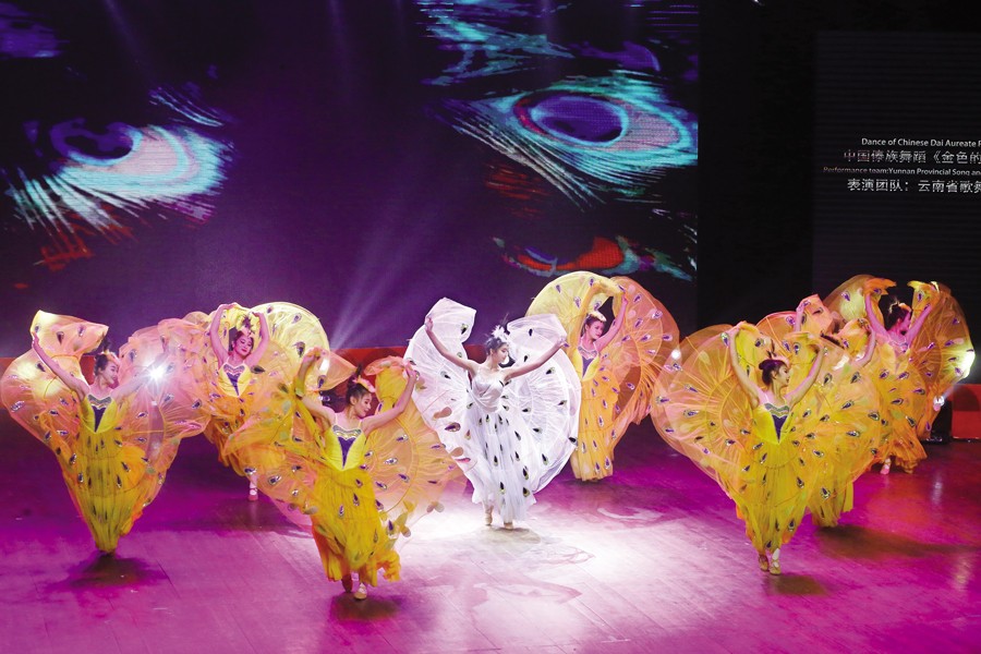 Artistes performing at a Chinese spring festival gala at Bangladesh Shilpala Academy in the city on Wednesday evening