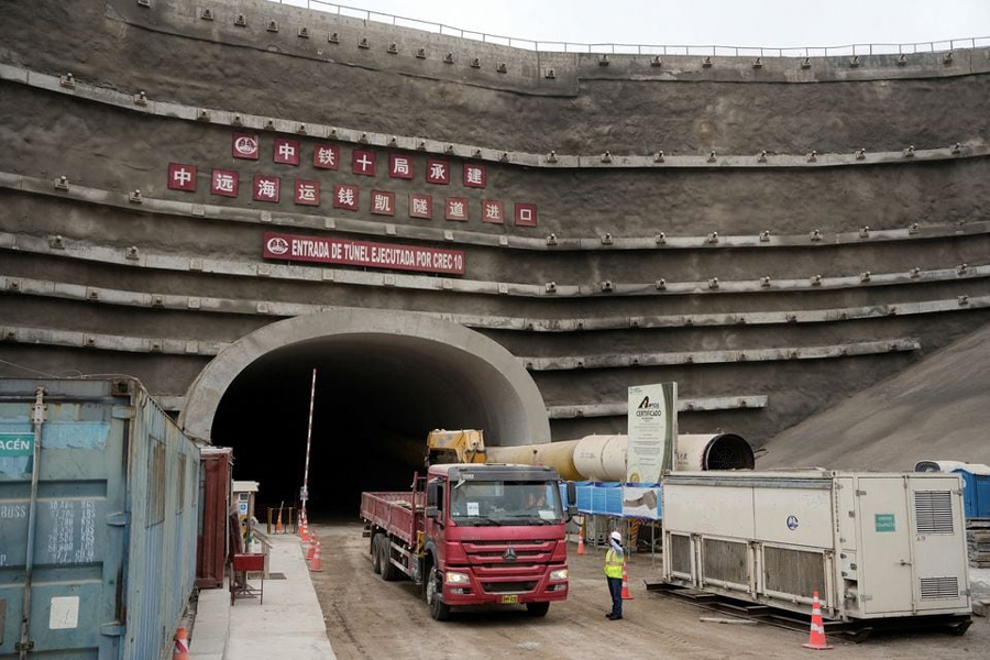 A truck is seen outside a tunnel, at the construction site of a new Chinese mega port, in Chancay, Peru August 22, 2023.