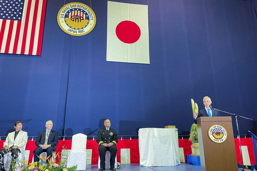 US ambassador to Japan Rahm Emmanuel speaks at a US naval ship repair facility in Yokosuka, Japan, January 19, 2024.