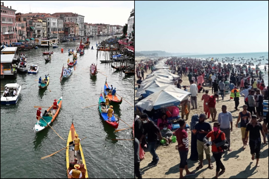 The famous Venice city (left) and overcrowded Cox's Bazaar during holiday (right)