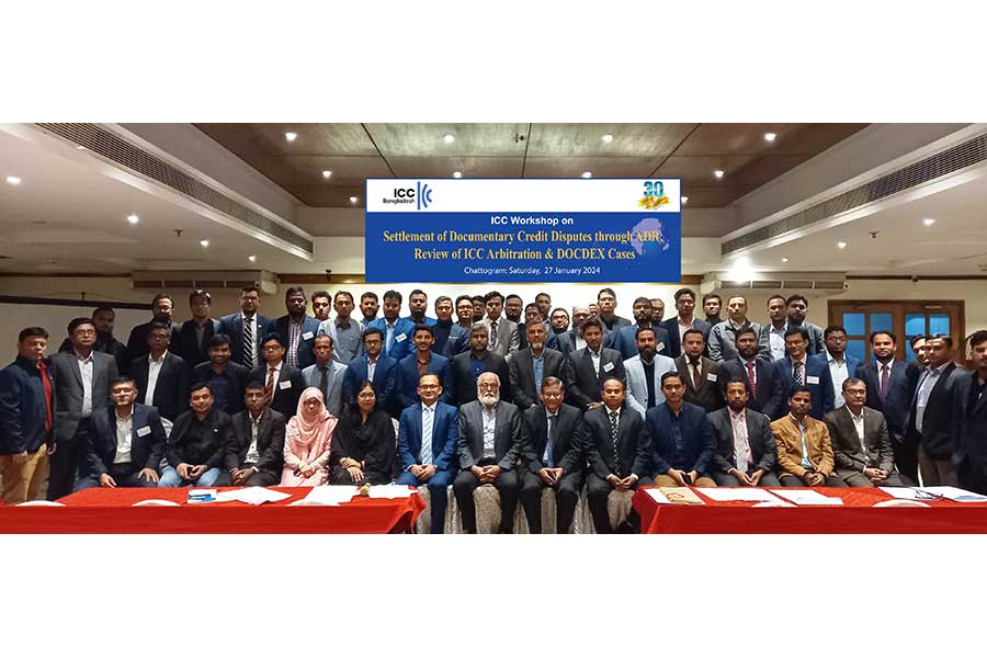 ICCB Secretary General Ataur Rahman, Former Bangladesh Bank Executive Director Md. Ahsan Ullah and Workshop Resource Person K. M. Lutfor Rahman are seen in the group picture with the participants.
