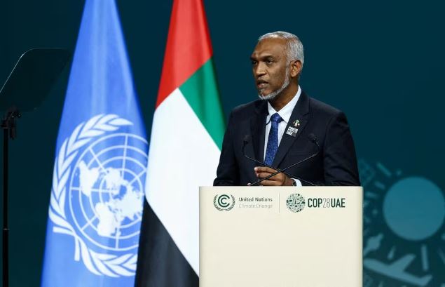 President of the Maldives Mohamed Muizzu delivers a national statement at the World Climate Action Summit during the United Nations Climate Change Conference (COP28) in Dubai, United Arab Emirates, December 1, 2023. REUTERS/Amr Alfiky/File Photo