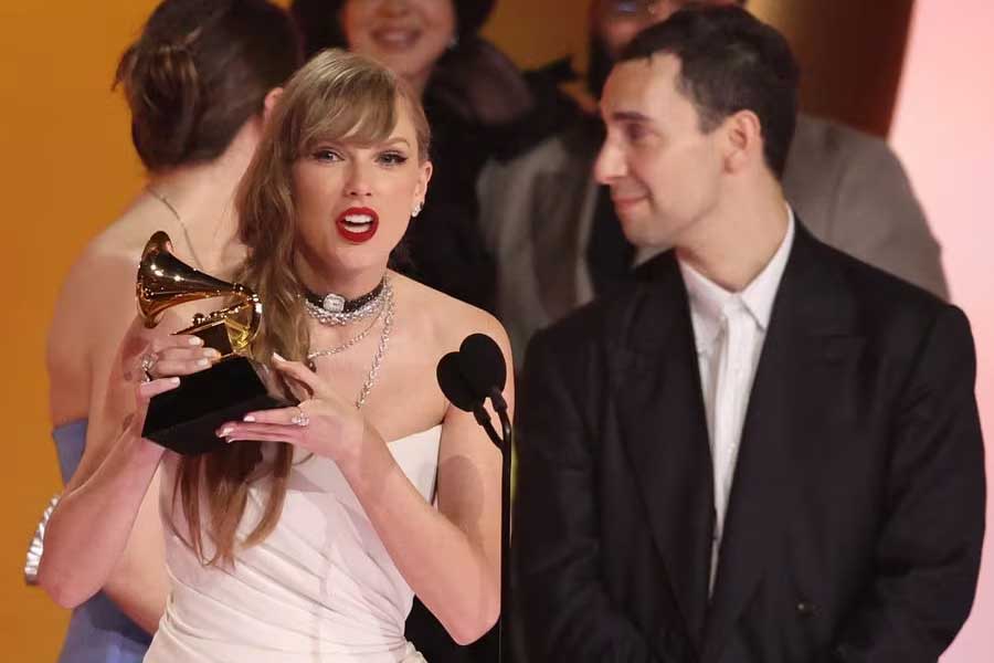 Taylor Swift receiving the award for Album of the Year for Midnights during the 66th Annual Grammy Awards in California on Sunday –Reuters photo