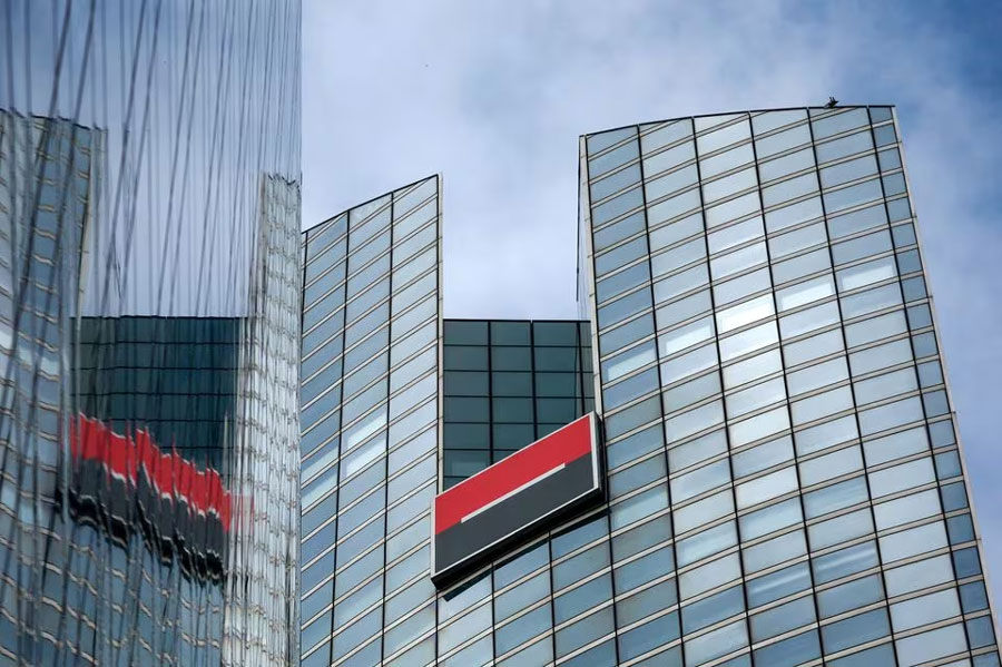 A logo of French bank Societe Generale is seen on the company's skyscraper at the financial and business district of La Defense near Paris, France September 14, 2023.