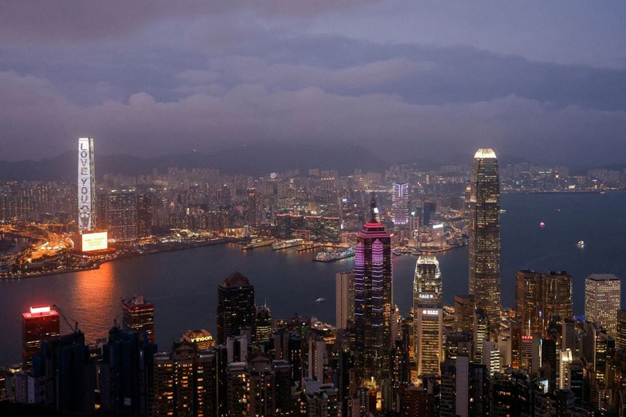 An evening view of the financial Central district and Victoria Harbour in Hong Kong, China, May 9, 2023.