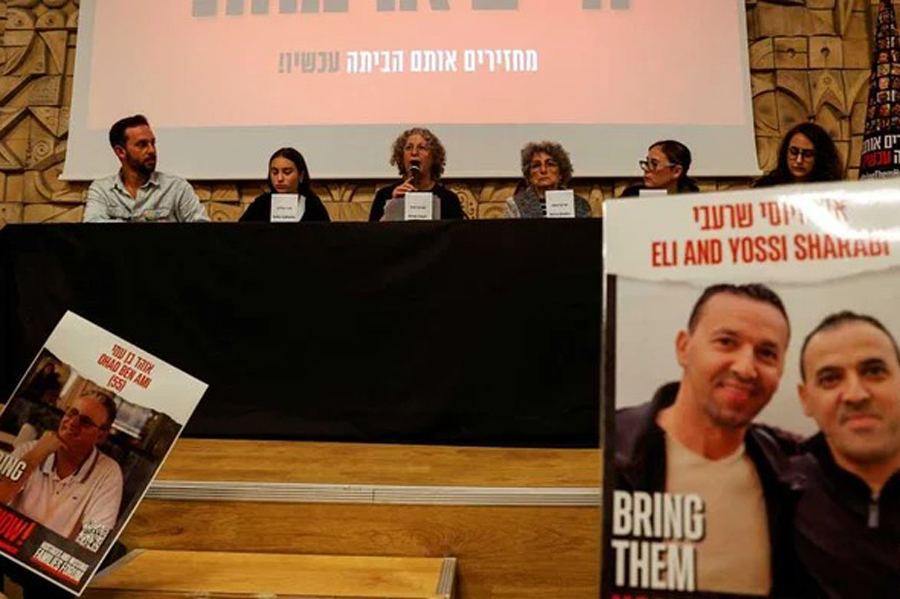 Hostages, released from Hamas captivity in Gaza, Sahar Calderon, Aviva Siegel, Adina Moshe and Nili Margalit attend a press conference at the headquarters of the Hostages and Missing families forum, amid the ongoing conflict between Israel and the Palestinian Islamist group Hamas, in Tel Aviv, Israel February 7, 2024.
