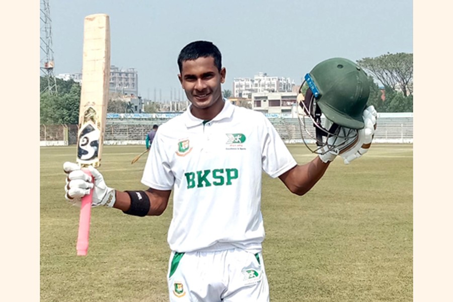 BKSP's left-handed batter Rifat Beg posing with his bat and helmet after scoring a triple century against Dhaka Metro in the Sheikh Kamal U-18 National Cricket Tournament 2023-24 at Shaheed A. H. M. Qamaruzzaman Stadium in Rajshahi on Sunday — BCB