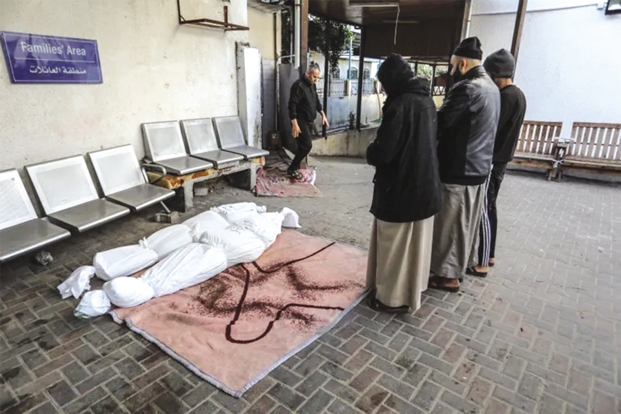 Palestinians perform a funeral prayer at Nasser Hospital after their relatives lost their lives in Israeli attacks in Rafah, Gaza, on December 17, 2023 —Agency Photo