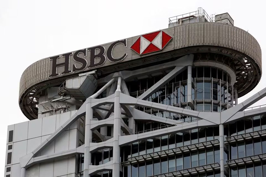 The logo of HSBC is seen on its headquarters in the financial Central district in Hong Kong, China, Aug. 4, 2020.