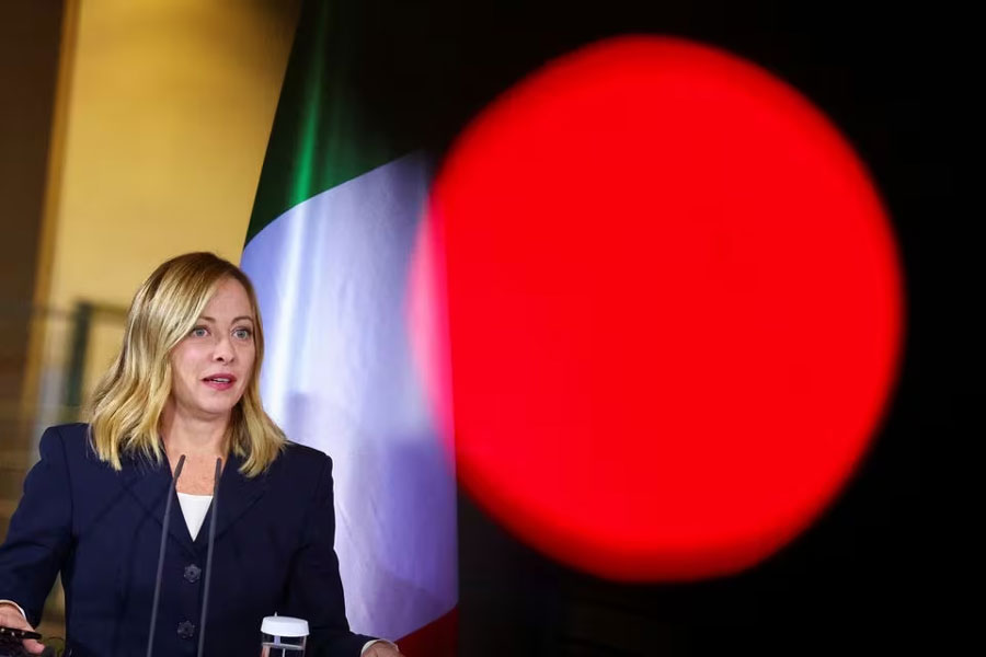 Italian Prime Minister GiorgiaMeloni addresses the media during her meeting with German Chancellor Olaf Scholz at the Chancellery in Berlin, Germany on November 22, 2023