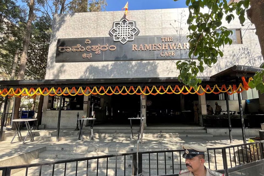 A police officer stands guard after a blast at a popular cafe in technology hub of Bengaluru, India, March 1, 2024.