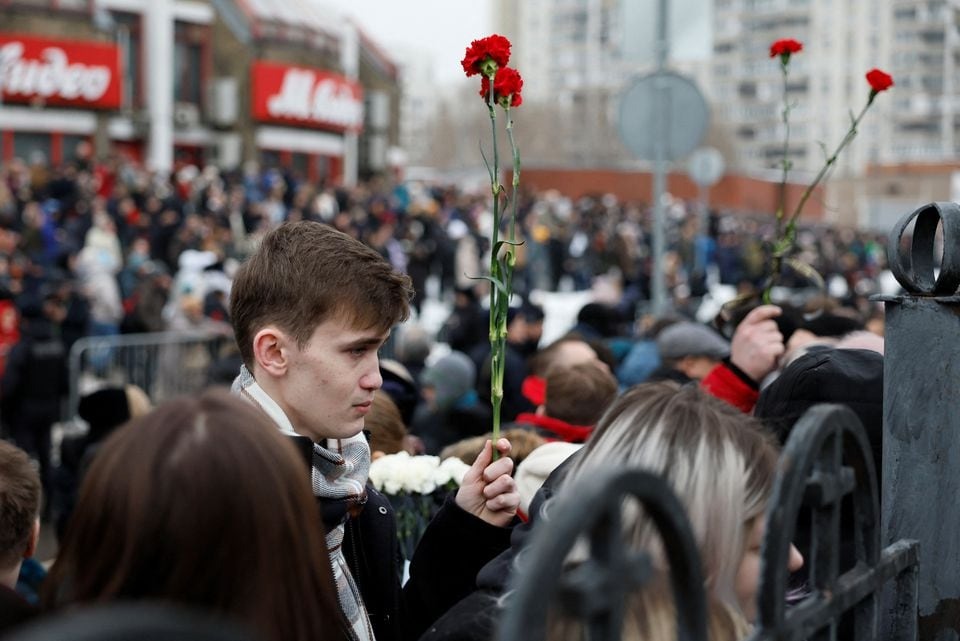 People gather near the Soothe My Sorrows church, where a funeral service and a farewell ceremony for Russian opposition politician Alexei Navalny are held, in Moscow, Russia on March 1, 2024 — Reuters photo