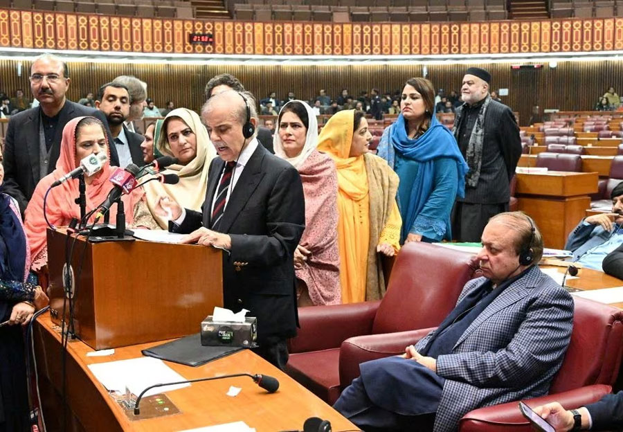 Pakistan's newly elected Prime Minister Shehbaz Sharif, delivers speech after elected as Pakistan's prime minister for second term, in the National Assembly building in Islamabad, Pakistan March 3, 2024.