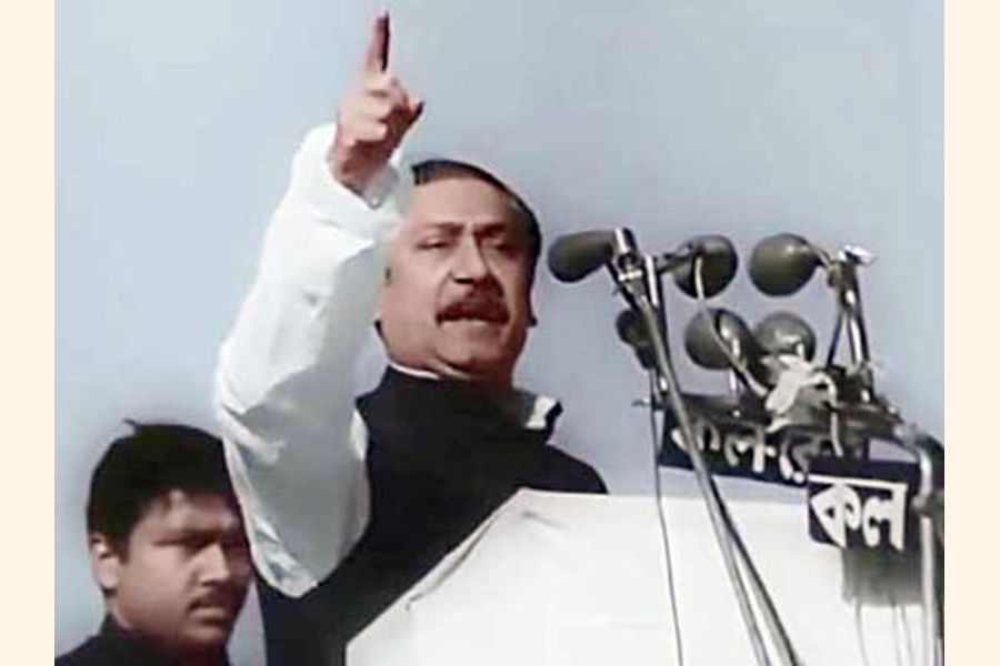Bangabandhu Sheikh Mujibur Rahman delivering his historical speech on March 7, 1971 in Dhaka—BSS Photo