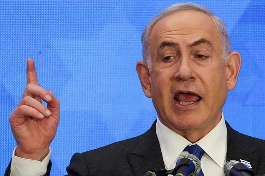 Israeli Prime Minister Benjamin Netanyahu addresses the Conference of Presidents of Major American Jewish Organizations, amid the ongoing conflict between Israel and the Palestinian Islamist group Hamas, in Jerusalem, February 18, 2024.