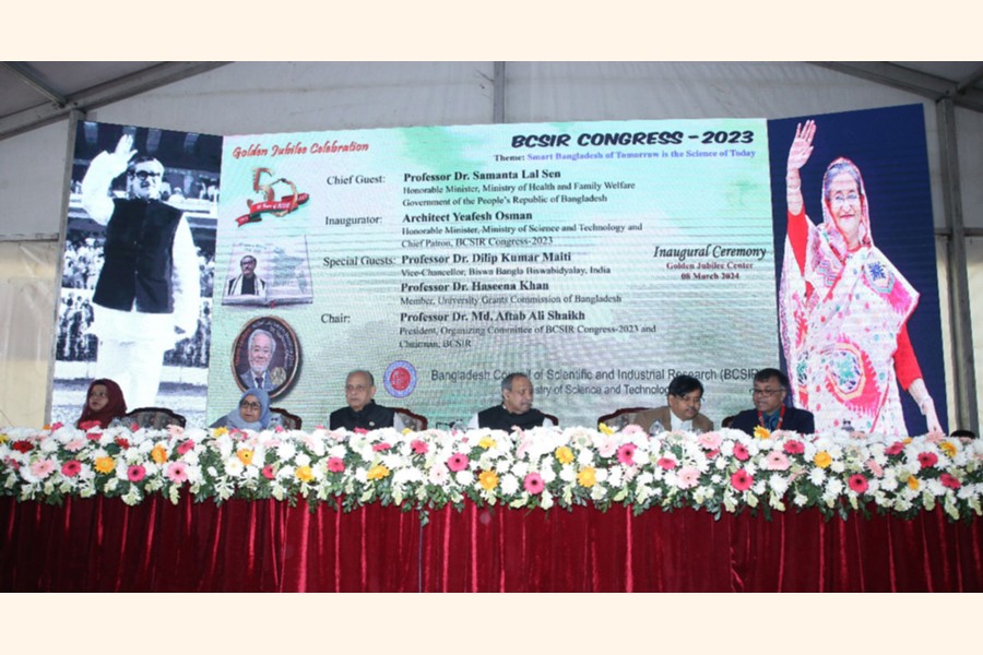 Health Minister Dr. Samanta Lal Sen and Science and Technology Minister Yeafesh Osman were present as the chief guest and chief patron respectively at the opening ceremony of BCSIR Congress-2023 organised by the BCSIR on its Dhanmondi campus in the city on Friday, marking its golden jubilee celebration. BCSIR Chairman Dr. Md. Aftab Ali Sheikh presided over.