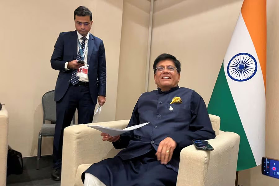 India’s Minister of Commerce Piyush Goyal prepares to brief journalists at a WTO meeting in Abu Dhabi, United Arab Emirates, February 29, 2024.