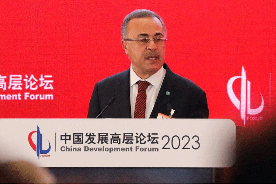President and CEO of Aramco Amin Nasser speaks at China Development Forum 2023, in Beijing, China, on March 26, 2023.