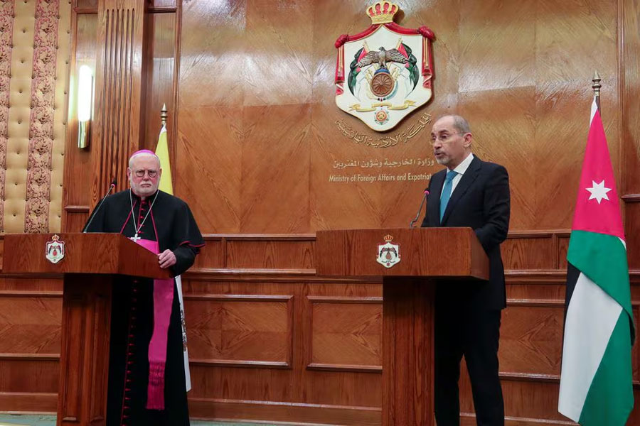Jordan's Foreign Minister Ayman Safadi speaks during a joint press conference with Archbishop Paul Richard Gallagher, the Vatican Secretary for Relations with States, in Amman, Jordan March 11, 2024.