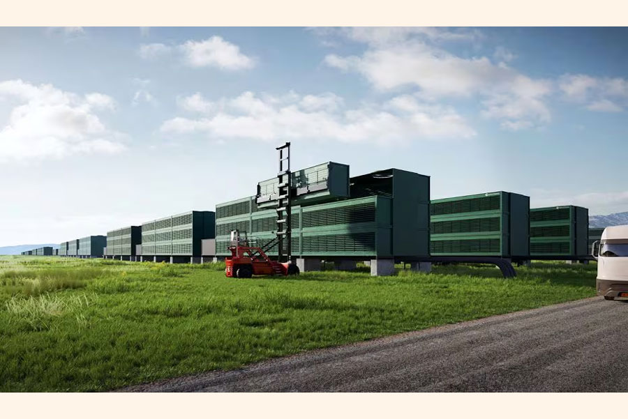 An artist’s rendering shows CarbonCapture DAC container-sized modules being assembled into clusters, in this handout image obtained by Reuters on September 6, 2022.