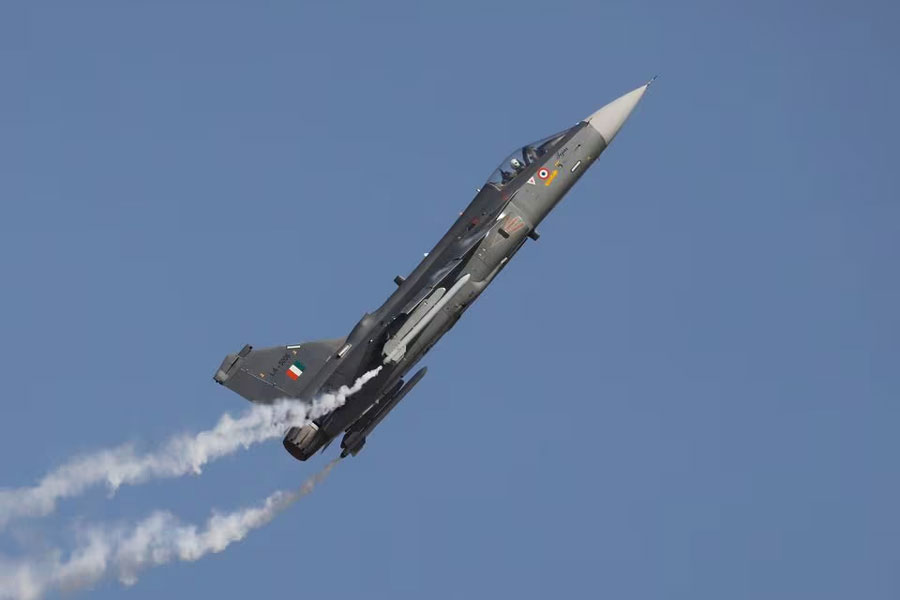 An Indian Air Force (IAF) light combat aircraft "Tejas" performs during the Indian Air Force Day celebrations at the Hindon Air Force Station on the outskirts of New Delhi, India, October 8, 2019.