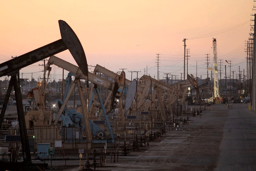 Oil rig pumpjacks, also known as thirsty birds, extract crude from the Wilmington Field oil deposits area near Long Beach, California July 30, 2013.