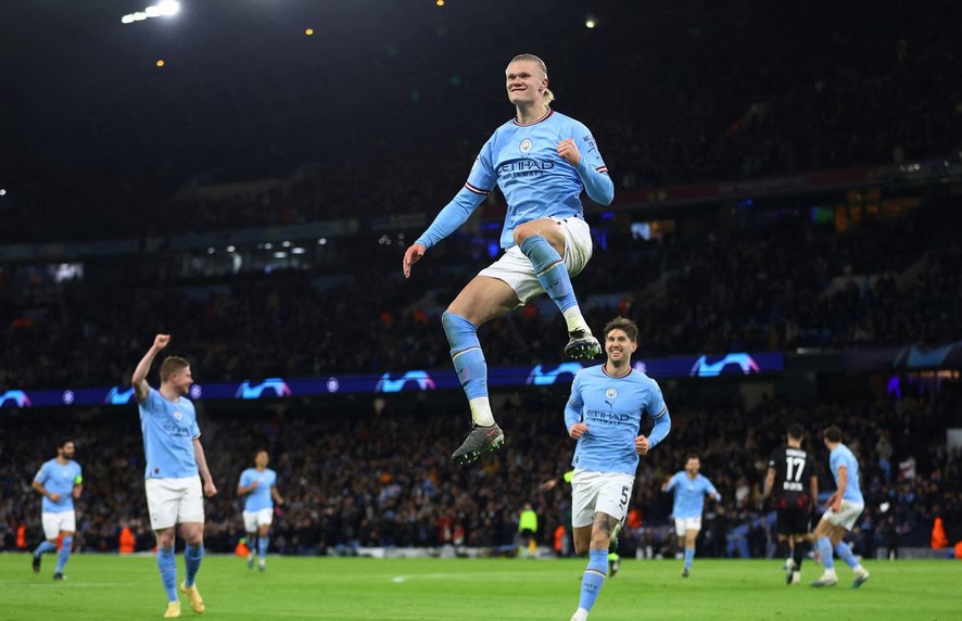 Champions League - Round of 16 - Second Leg - Manchester City v RB Leipzig - Etihad Stadium, Manchester, Britain - March 14, 2023 Manchester City's Erling Braut Haaland celebrates scoring their fifth goal REUTERS/Carl Recine
