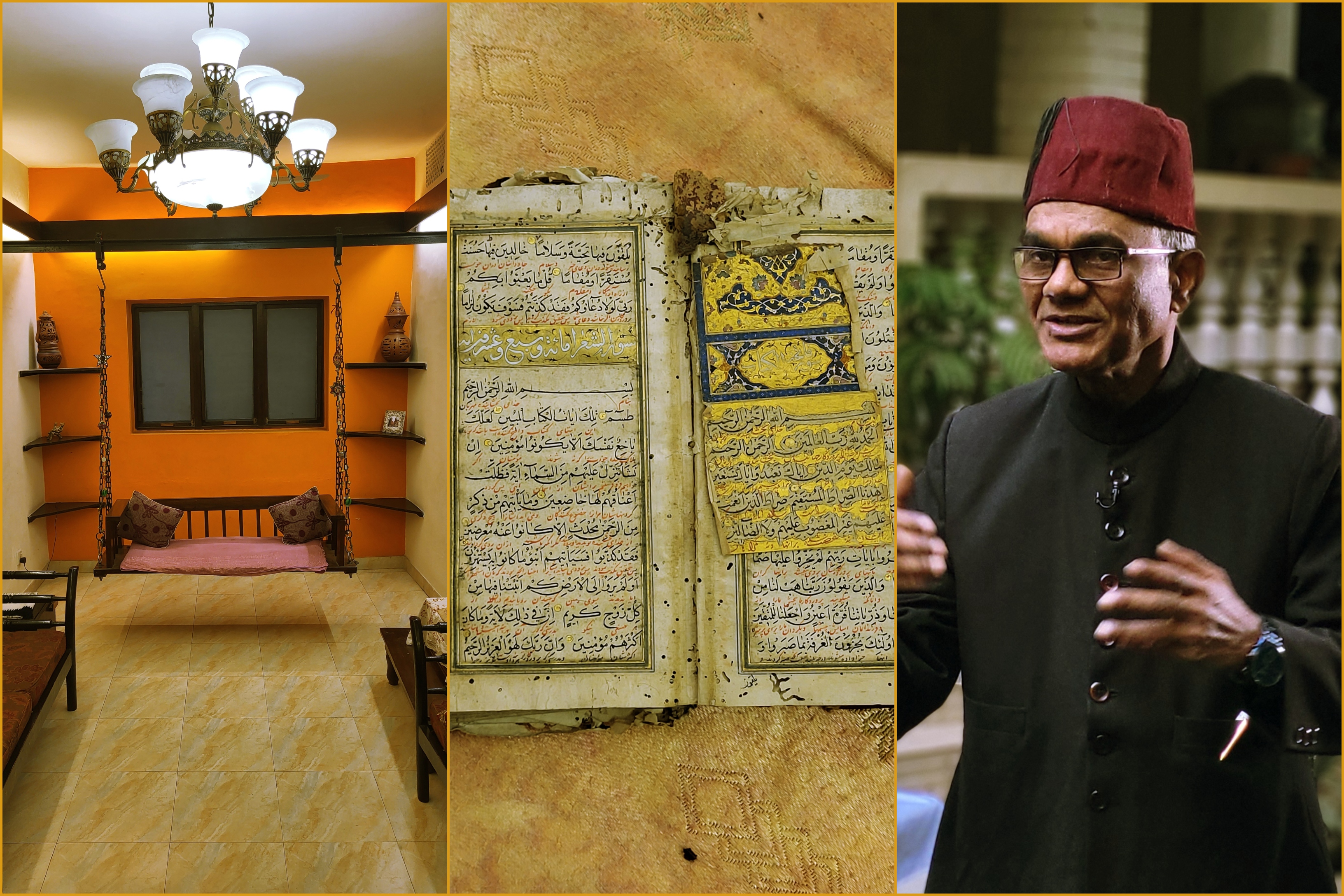 Inside Emran’s heritage house (left), a four-hundred-year-old handwritten holy Quran (centre) and Abu Muhammad Emran, the current owner of the heritage house. — Photos by Md. Imran