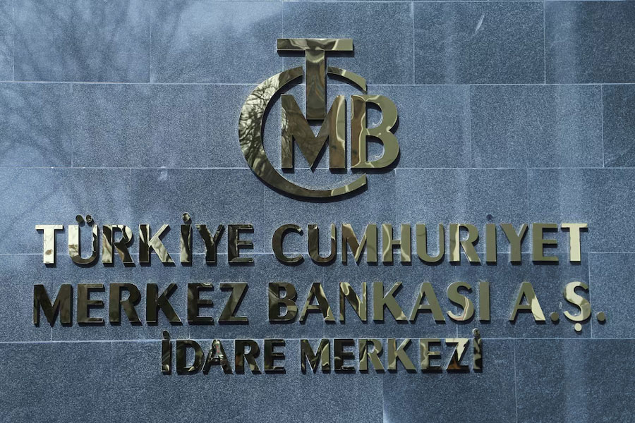 A logo of Turkey's Central Bank is pictured at the entrance to its headquarters in Ankara, Turkey February 8, 2024.