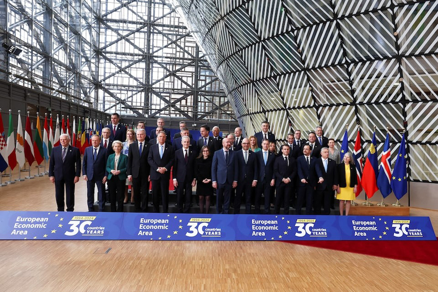 European Union leaders pose for a family photo together with their counterparts of the European Economic Area, Iceland, Norway and Liechtenstein, to mark the 30th anniversary of their relationship in Brussels, Belgium March 22, 2024.