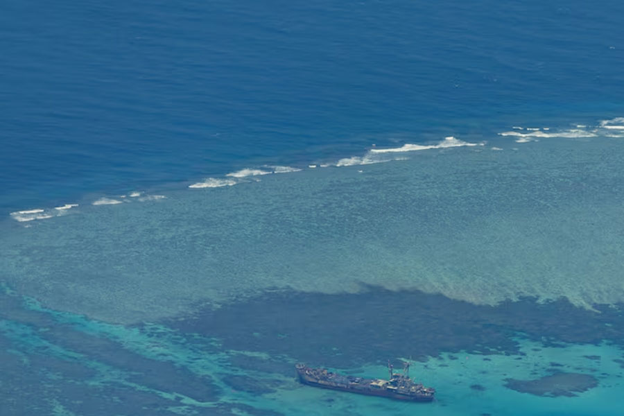 An aerial view shows the BRP Sierra Madre on the contested Second Thomas Shoal, locally known as Ayungin, in the South China Sea, March 9, 2023