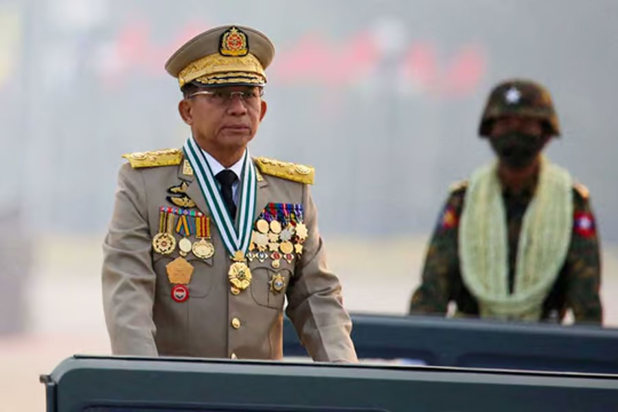 Myanmar's junta chief Senior General Min Aung Hlaing, who ousted the elected government in a coup on Feb 1, 2021, presides over an army parade on Armed Forces Day in Naypyitaw, Myanmar, Mar 27, 2021.
