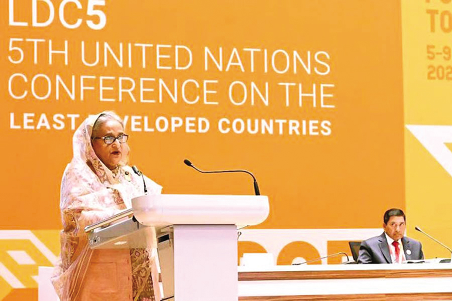 Prime Minister Sheikh Hasina is delivering her speech at a session in the fived-day 5th United Nations Conference on Least Developed Countries in Doha, Qatar during the last week —Agency Photo.