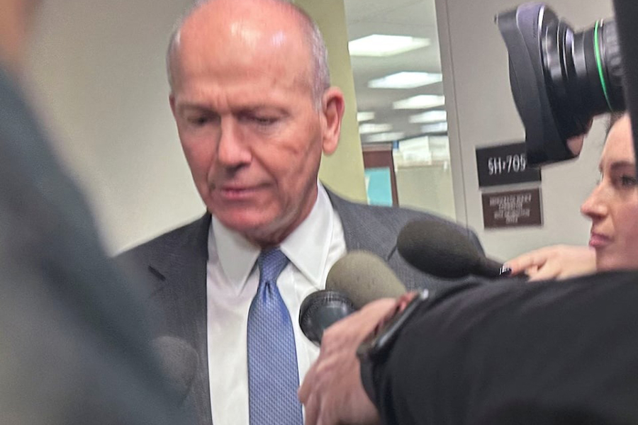 Dave Calhoun, CEO of Boeing, speaks on stage during the delivery of the final 747 jet at their plant in Everett, Washington, US, January 31, 2023.