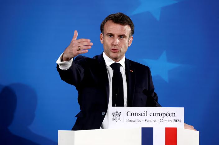 French President Emmanuel Macron speaks during a press conference on the day of a European Union leaders summit in Brussels, Belgium March 22, 2024. REUTERS/Yves Herman/File Photo